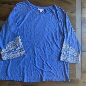 J Jill Blue Tunic Embroidered Sleeve‎ Size Small casual cotton modal